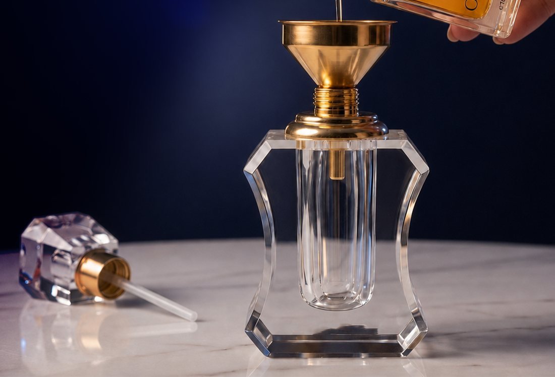 Refilling a crystal bottle with the metal funnel